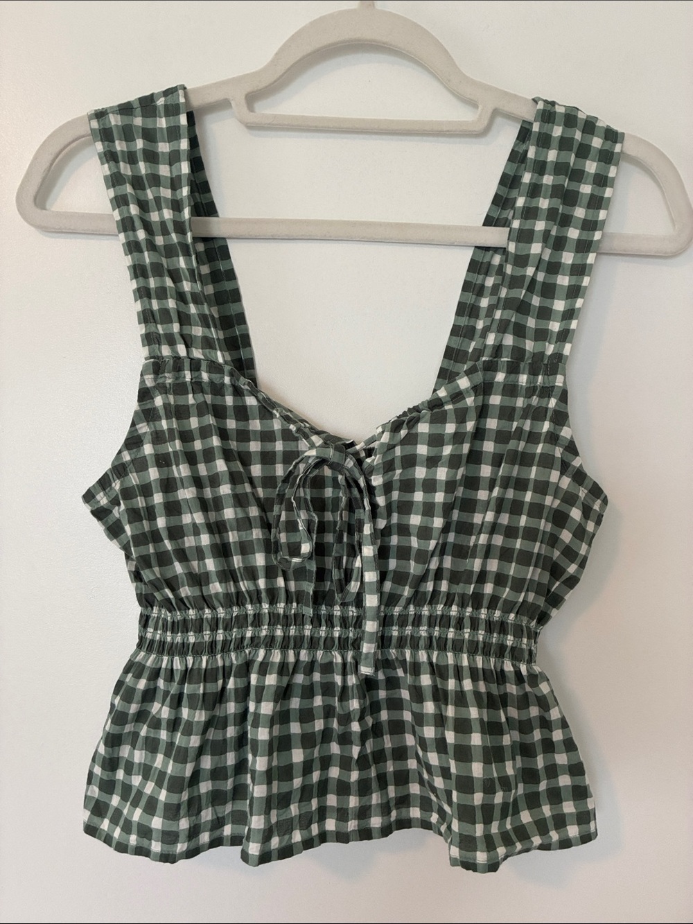 Madewell Green Gingham Tie-Front Peplum Tank Top